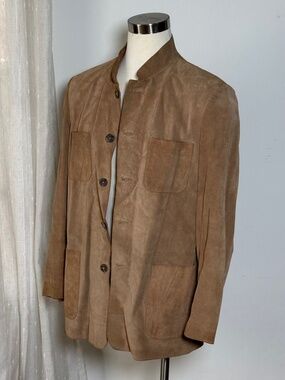 Custom Made Camel Suede Leather Safari Chore Jacket Mandarin Collar 44 / XL